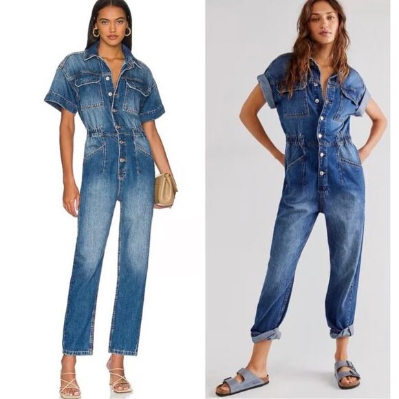 Free People Marci Denim Coverall Jumpsuit Blue Short Sleeve Button Front Sz S